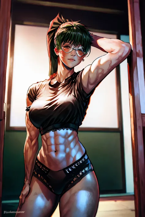 1girl,breasts,underwear,shirt,abs,solo,glasses,panties,red panties,navel,no pants,black shirt,ponytail,indoors,large breasts,smile,green hair,looking at viewer,lamp,thighs,bangs,window,short sleeves,cowboy shot,muscular female,muscular,black hair,patreon u...