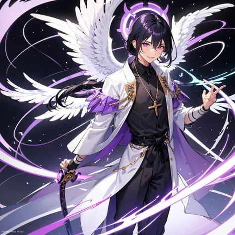 A man in a purple robe, with a smile on his lips, a pair of great white wings behind him, black hair, dark eyes, and a long sword wrapped in lightning in one hand