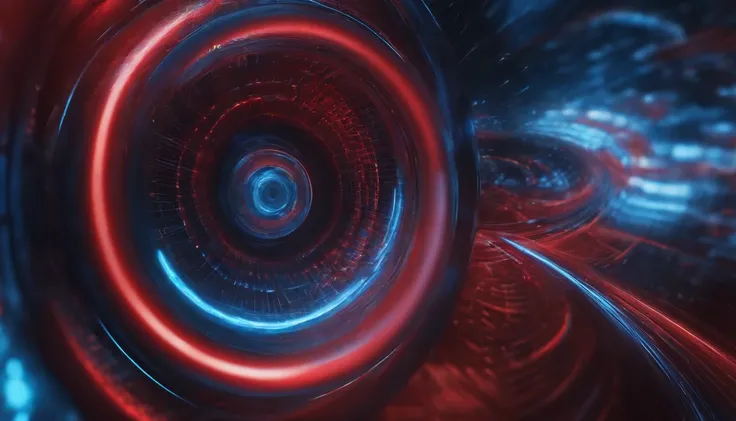 Capture a close-up shot of a red and blue blurred wormhole interface, showcasing the intricate details of swirling colors and futuristic graphical elements