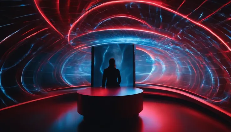 Capture a creative shot of a red and blue blurred wormhole interface projected onto a transparent surface, creating a futuristic and immersive visual experience