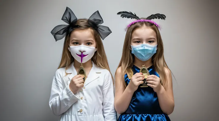 two blonde children dressed in costumes with masks and feathers, fotografia premiada de terror, fotografia de terror, angelic and unsettling, Arte de terror surreal, 2 anjos, imagem assustadora espiritual, fotografia assustadora, , Surrealismo assustador