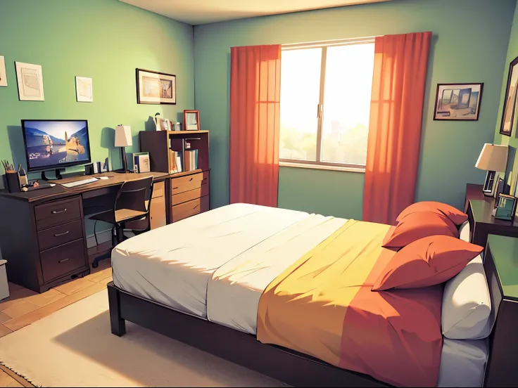 (A bedroom with furniture, a computer, a large window, posters on the wall, 2D anime, 4k, high quality, game scene)