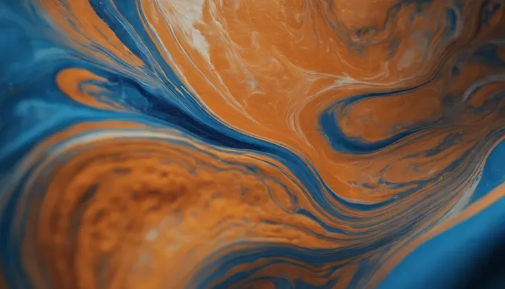 a close-up shot of an abstract acrylic paint background in blue and orange tones, showcasing the intricate patterns and swirls of the liquid marble texture