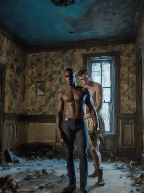 hd 16k, homoerotic young gay multiracial duo couple, nightmare, blue nightly gfx effects,19th-century homoerotic colorized engraving, faded Victorian-era  gay homoerotic engraving, charming naked african hunk dressed as a sexy white gravedigger fighting wi...