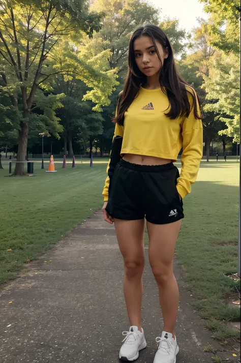 a short heighted girl having athlete body wearing track suit yellow top and black bottom standing in the park