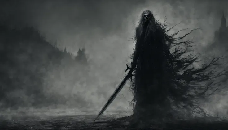 A creature inside of an explosion filled with euphoria the head has long hair and a beard, there’s a sword what is sticking outside of the creatures head with the handle sticking outside of its mouth.