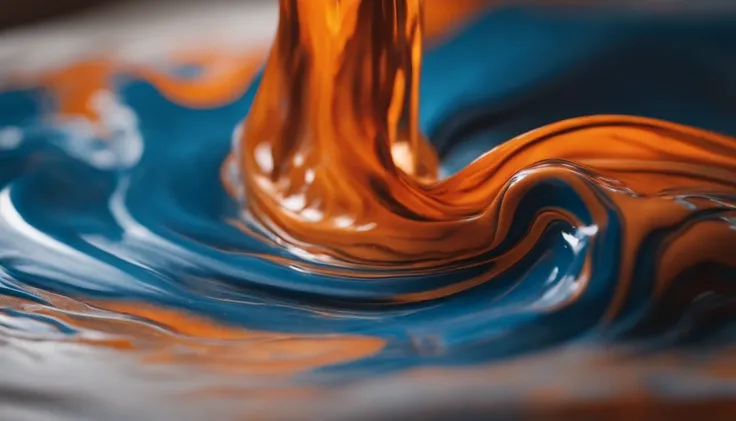 a dynamic action shot of the process of creating an abstract acrylic paint background in blue and orange tones, showcasing the flow of the paint and the formation of the liquid marble pattern