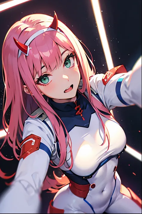 zero two (darling on franxx), darling on franxx, 1girl, fringe, selfie, bite, shadow, green eyes, hair behind head, horns, long hair, makeup, small breasts, pilot suit, white bodysuit, pink hair, red eyeshadow, science fiction, tight skin, solo