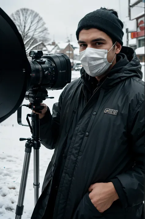 realistic man using a cold mask, holding a arri cinema camera on cinema set