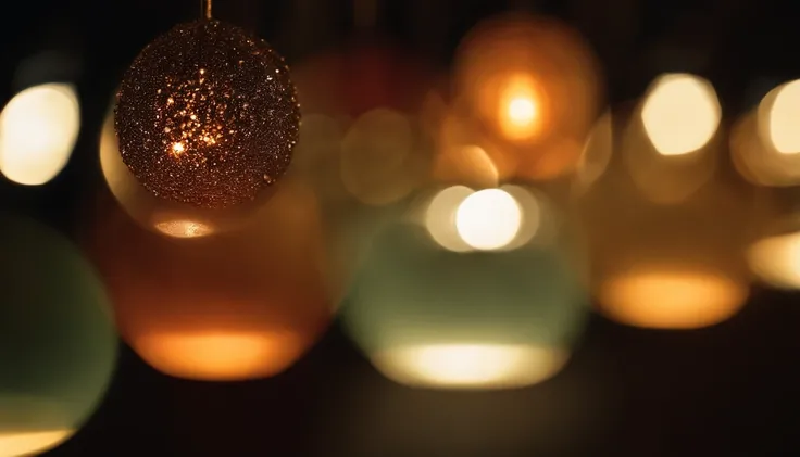 a macro shot of color bokeh against a dark background, showcasing the intricate details and unique shapes created by the out-of-focus lights