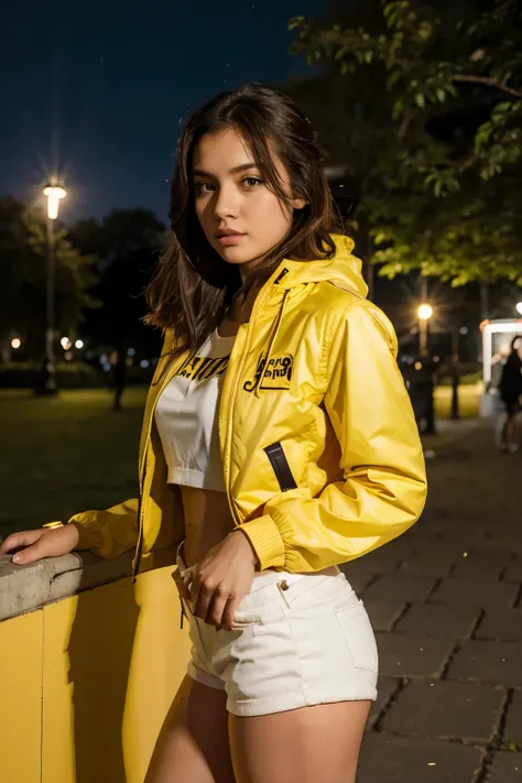 A short heightened girl standing in Yellow party jacket and white shorts in park night view