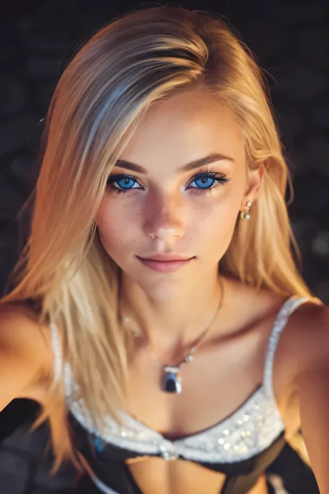 (selfie shot, from above:1.4), RAW uhd portrait photo of a 22-year-old blonde (blue-eyed woman) walking down a dark alleyway, small breast, nighttime city background, detailed (textures!, hair!, shine, color!!, imperfections:1.1), highly detailed glossy ey...