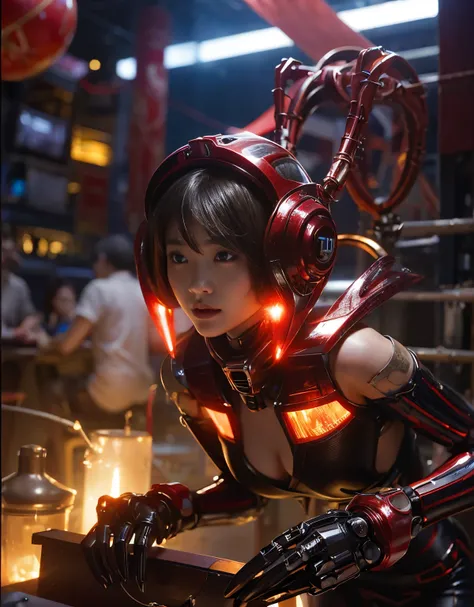 (Skimpy mechanical girl and alien background)、（Mystical expression）、top-quality、​masterpiece、超A high resolution、(Photorealsitic:1.4)、Raw photo、女の子1人、glowy skin、(((1 Mechanical Girl)))、（red metalボディスーツ）、(Natural alien background to fight aliens)、(Small LED)...