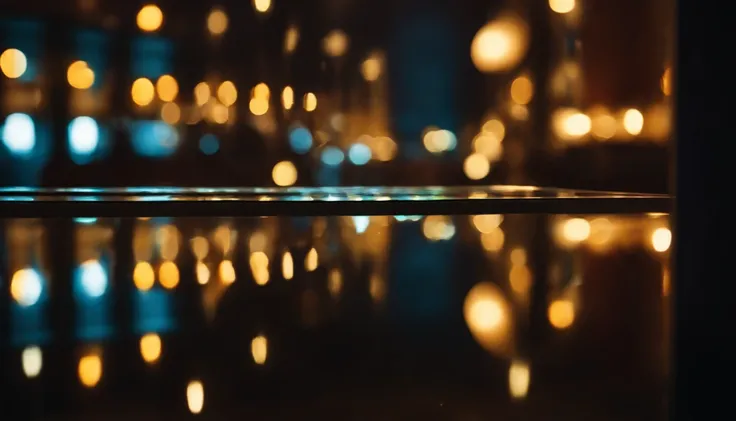 a creative shot of color bokeh against a dark background reflected in a mirror or glass surface, adding an element of reflection and symmetry to the composition