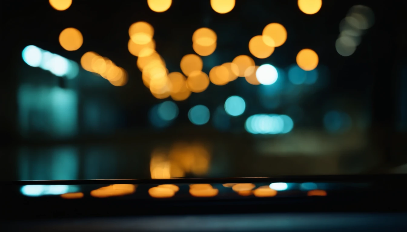 a creative shot of color bokeh against a dark background reflected in a mirror or glass surface, adding an element of reflection and symmetry to the composition