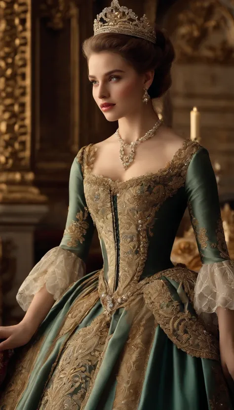 ((baroque art style)),(masterpiece),(best quality),(Super Detail),(very delicate and beautiful),alone,((full bodyesbian,Standing Posture)),Standing in the Royal Palace, ((1 queen in a beautiful rococo dress，Wear it with a full-length voluminous hoop skirt)...