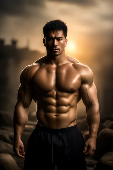 disconsolate，Ambient，artistic conception，large scene，Hands tied behind his back，Strong arm muscles，Handsome Asian stubble handsome，diffuse light，beefy pectorals，Shirtless, stubbles, Sideburns, strong muscle, Strong handsome guy，body builder，Junyi，Dignified...