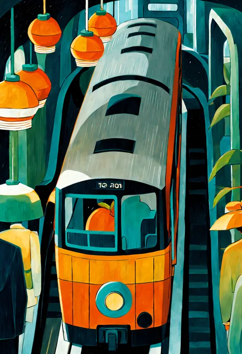 image of an orange underground train approaching the next stop, illustrStyle,