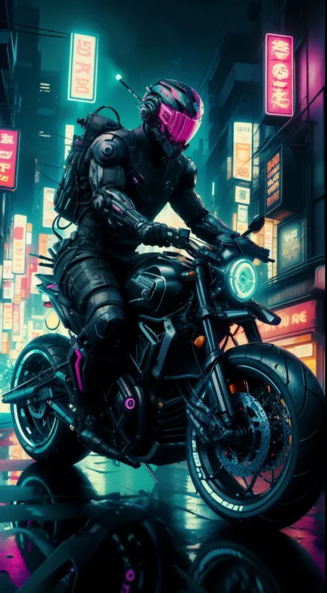 cyberpunkworld scrambler motorbike, colorful, cyberpunk style, neon lights, dark mood, high contrast, (masterpiece:1.3) (best qu...