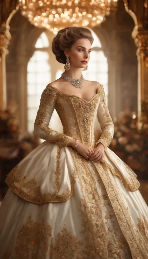 ((Baroque art painting)),(master piece),(best quality),(Super Detail),(very delicate and beautiful),alone,((full body, Standing Posture)),Standing in the Royal Palace, ((1 queen in a beautiful rococo dress，Wear it with a full-length voluminous hoop skirt))...