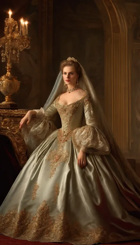 ((Baroque art painting)),(master piece),(best quality),(Super Detail),(very delicate and beautiful),alone,((full body, Standing Posture)),Standing in the Royal Palace, ((1 queen in a beautiful rococo dress，Wear it with a full-length voluminous hoop skirt))...