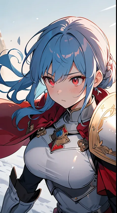 [masterpiece, ultra-detailed, best quality, soft skin, beautiful], light blue hair, red crimson eyes, medium hair, hair-up, silky hair, fit body, dynamic angle, engraved armor, snowy background, princess, defiant, medieval, battlefield determined,