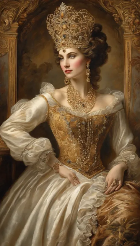 ((Baroque art painting)),(master piece),(best quality),(Super Detail),(very delicate and beautiful),alone,((full body, Standing Posture)),Standing in the Royal Palace, ((1 queen in a beautiful rococo dress，Wear it with a full-length voluminous hoop skirt))...