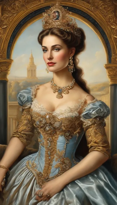 ((Baroque art painting)),(master piece),(best quality),(Super Detail),(very delicate and beautiful),alone,((full body, Standing Posture)),Standing in the Royal Palace, ((1 queen in a beautiful rococo dress，Wear it with a full-length voluminous hoop skirt))...