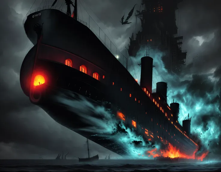 (highres,photo-realistic),large detailed hell boat breaking through the sky,demonic creatures on the boat, ominous clouds, dramatic lighting, fiery waves, surrealistic atmosphere,horrifying scene,stormy weather,dark and gloomy tones,impressive infernal ves...