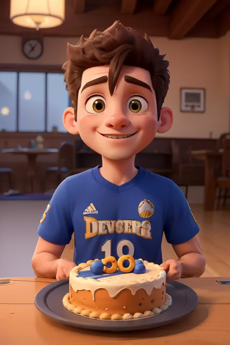 ((best quality)), ((master part)), (circunstanciado), rosto perfeito, menino de 5 anos com uma camisa escrita " Denver nuggets " is celebrating his 8th birthday and is eating a basketball team birthday cake called " DENVER "