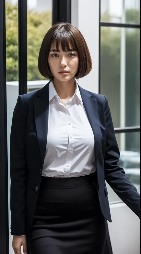 (masutepiece,High quality:1.3),(depth of fields:1.3) ,((front body:1.35)),  Japanese ,woman, bowl cut, (Womens business black suits black midi skirt ,White collared shirt:1.2),Huge breasts,(Looking at Viewer:1.3),(full body:1.2), Inside the office by the w...