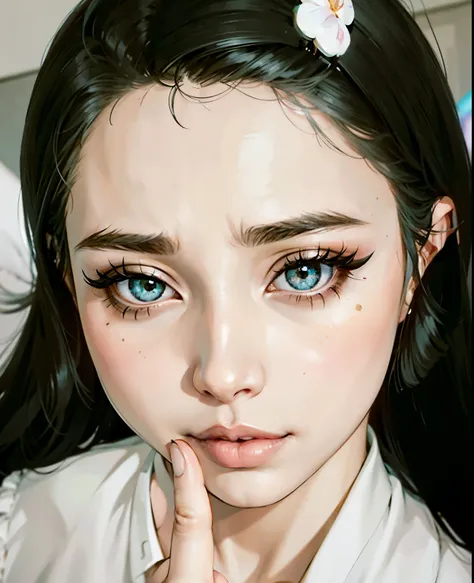 a close up of a woman with long black hair and a white shirt, big round cute eyes, cute round slanted eyes, realistic beautiful big eyes, popular south korean makeup, large round eyes, big detailed eyes, young adorable korean face, popular korean makeup, w...