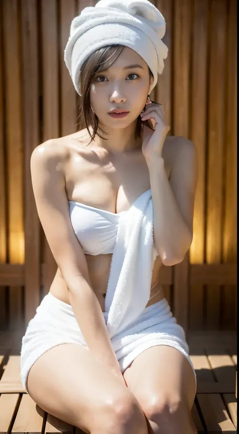 1girl in, Solo, (masutepiece, Best Quality, 8K,,Photorealistic, Real Girl, mulberry:1.37), look up at viewer, 18-year-old pretty Japan, Slender body type: 1.1, Small breasts, Sitting, sauna, Double eyelids, drooing eyes, A dark-haired, (Sweaty face, Sweaty...