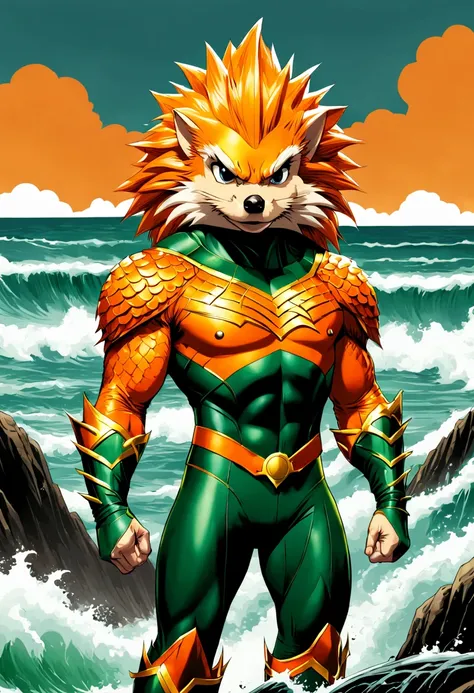 Aquaman the Hedgehog scaled orange and green costume with a trident, background big waves, in comic art style