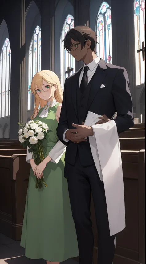 In a serene setting inside a church, an anime-style couple finds themselves in an intimate pose. The woman, notably shorter, has white skin and brown-blond hair, cut to shoulder length and highlighted by prescription glasses. She wears a closed green dress...