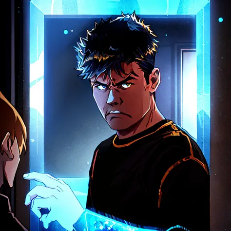there is a man that is standing in front of a mirror, joel fletcher, angry look in his face, angry at mirror, angry look, anton fedeev, angry looking, elliot alderson, aggressive look, looking threatening, by Raphaël Collin, tyler west, looking angry, look...