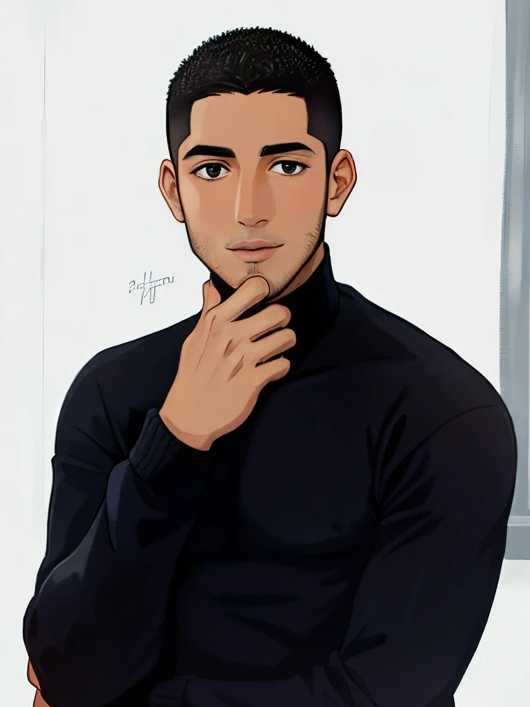 there is a man that is posing for a picture with his hand on his chin, brown skin, young spanish man, sayem reza, mohamed chahin, jamel shabbaz, shabab alizadeh, farid ghanbari, young greek man, riyahd cassiem, wearing a black sweater, young man with mediu...
