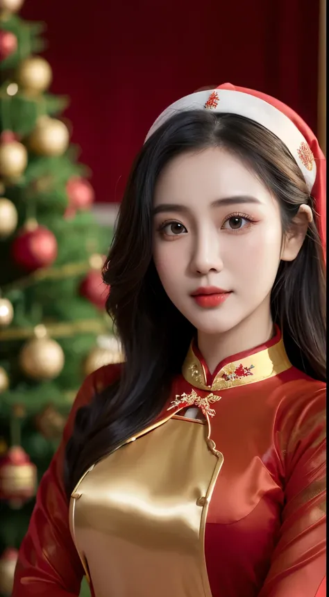 (Beautiful Vietnamese Woman),(Red Ao Dai:1.5),(Santa Claus hat),Christmas tree,Christmas atmosphere black hair, Surrealism, 8k, super detail, UHD, masterpiece, ccurate, textured skin, super detail, high details, high quality, best quality
