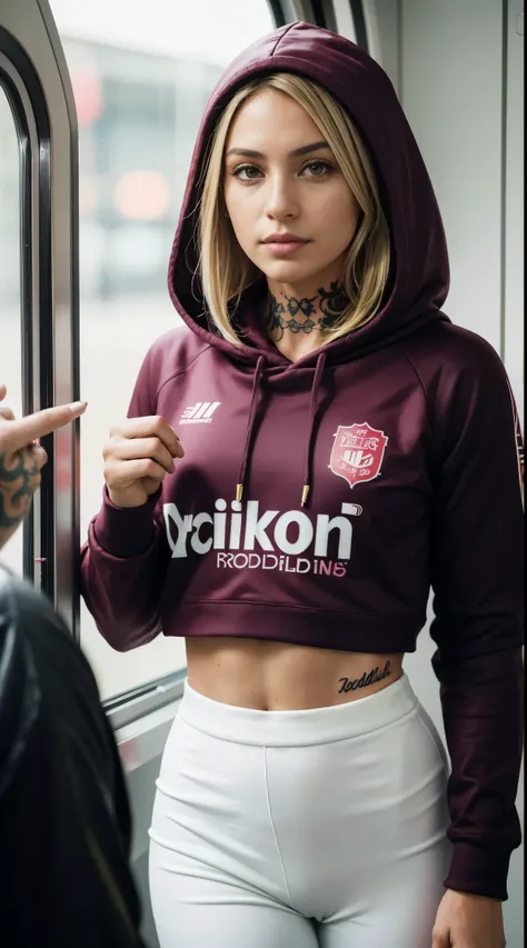 50 years old, gorgeous cute  Turkish girl, smirk, freckles, polaroid photo, (dark skin:1.3), (medium blonde hair:1.6), arafed female soccer player walking on the field, train with maroon, hooded, wearing a tracksuit, by Gina Pellón, 🤬 🤮 💕 🎀, 🎀 🗡 🍓 🧚, 🔥 😎 🕹...