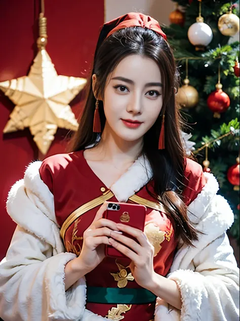 ((beautiful chinese woman))，asian women，(red santa claus costume：1.5)，christmas tree，christmas atmosphere，black hair，photorealsi...