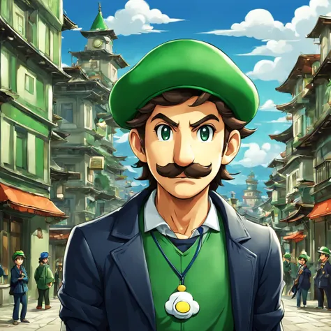 Luigi in a Ordinary hat dressed in ordinary boring clothes, background city, in niji art style