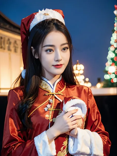 ((beautiful chinese woman))，asian women，(red santa claus costume：1.5)，christmas tree，christmas atmosphere，black hair，photorealsi...