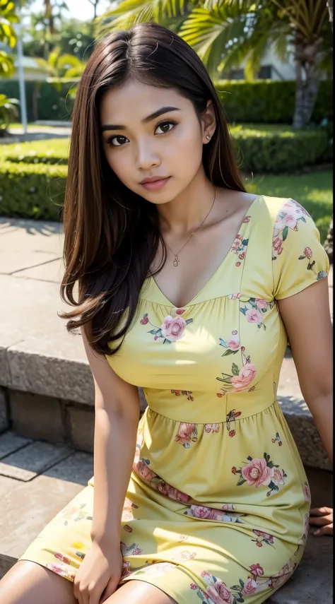 RAW, Best quality, high resolution, masterpiece: 1.3), beautiful Malay woman, Masterpiece, perfect fit body, big breasts, beautiful big eyes, long hair, brown hair, open stand, Soft smile, thick thighs, woman standing in the park in a light yellow floral p...