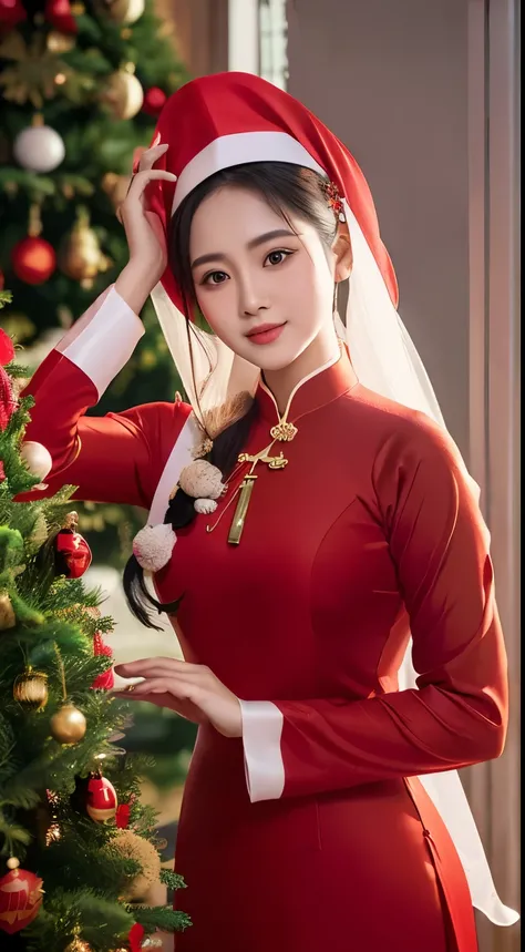 (Beautiful Vietnamese Woman),(Red Ao Dai:1.5),(Santa Claus hat),Christmas tree,Christmas atmosphere black hair, Surrealism, 8k, super detail, UHD, masterpiece, ccurate, textured skin, super detail, high details, high quality, best quality
