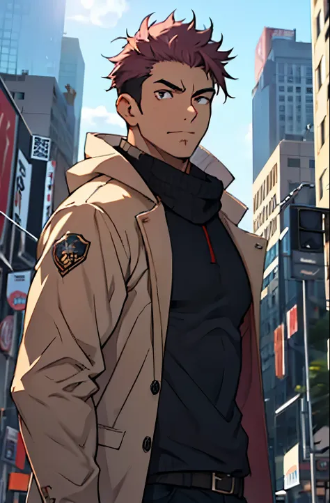 A mais alta qualidade, 8K, image high resolution, Detailed strokes, no meio de uma avenida movimentada estilo Times Square, inverno, apoiado em um dos postes, adolecente, Yuji Itadori, Dark Pink Hair , wearing a cold jacket , slightly unbuttoned jacket sho...