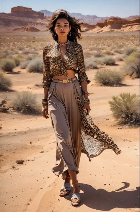 Against the backdrop of the desert, a woman walks with purpose, her clothes dancing in the wind as she moves forward. A powerful leopard walks by her side, a symbol of her fierce determination and resilience.