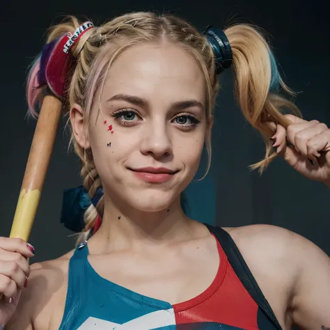 create me a realistic image of Harley Quinn in her outfit with her blonde hair and cotton candy colored tips in pigtails. Then put the face of Pete Davidson onto the body holding a baseball bat.