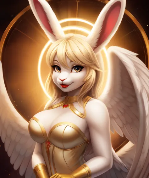 Female anthro blonde rabbit as an angel, halo, white soft wings, red lipstick, white and gold long gloves, rabbit ears, looking at you