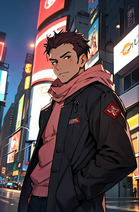 A mais alta qualidade, 8K, image high resolution, Detailed strokes, no meio de uma avenida movimentada estilo Times Square de noite nevando , inverno, apoiado em um dos postes, adolecente, Yuji Itadori, Dark Pink Hair , wearing a cold jacket , masculo, che...