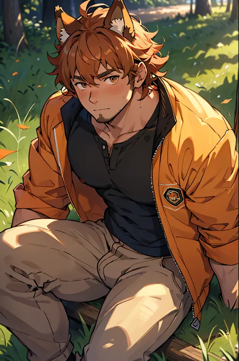 (highres:1.2),1 man, handsome ((older)) young man, sitting in grass during autumn, blushing, anime style, stubble, soft expression, (wrinkles:1.2), messy curly orange hair, orange, curly bangs, brown floppy fluffy dog ears, perfect detailed eyes, dark brow...